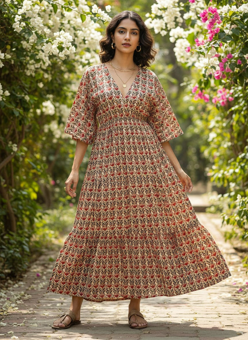 Red and Cream Ethnic Floral Jaal Rayon Digital Printed Fabric