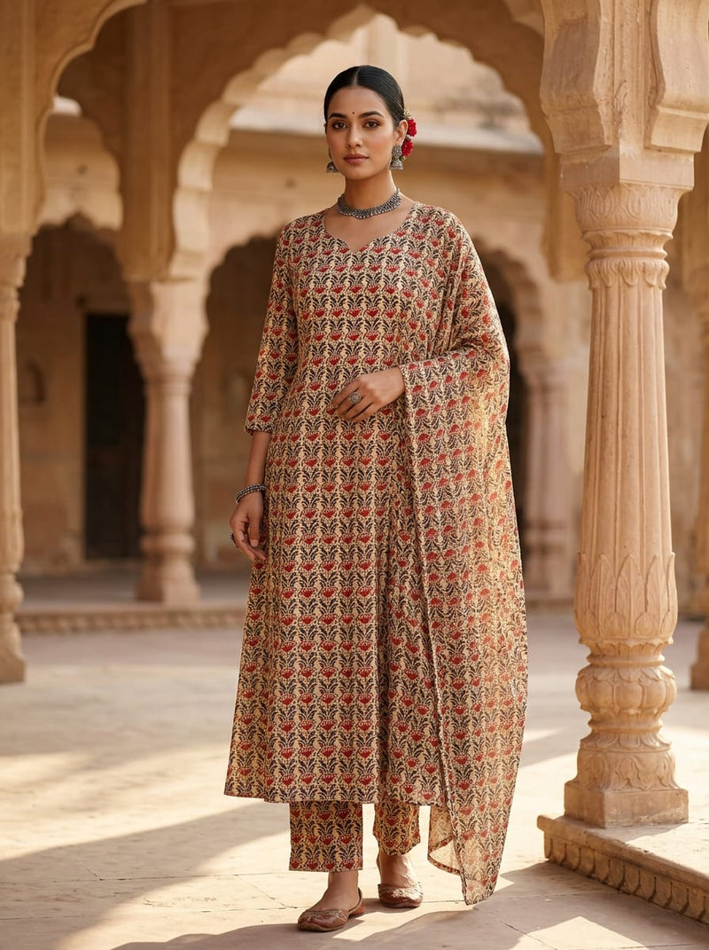 Red and Cream Ethnic Floral Jaal Rayon Digital Printed Fabric
