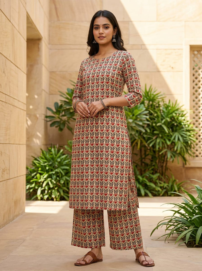 Red Ethnic Block Print Floral Pure Cotton Digital Printed Fabric