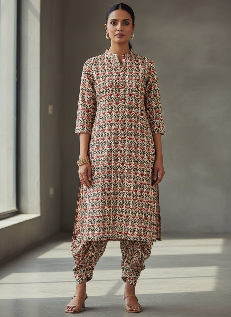 Red Ethnic Block Print Floral Pure Cotton Digital Printed Fabric