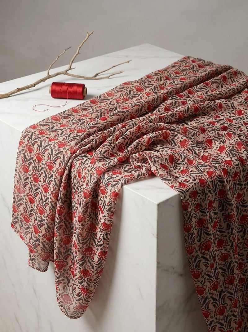 Red Ethnic Block Print Style Floral Pure Georgette Digital Printed Fabric