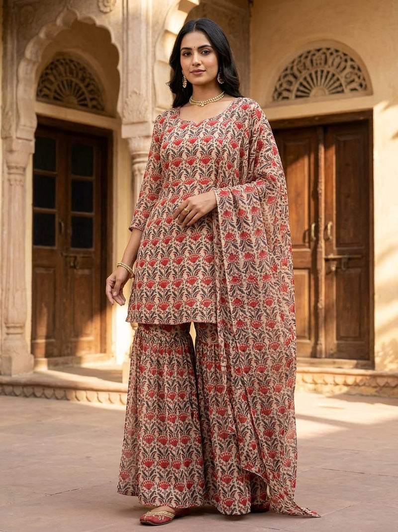 Red Ethnic Block Print Style Floral Pure Georgette Digital Printed Fabric