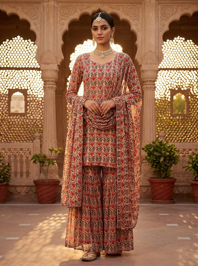 Red Ethnic Block Print Style Floral Pure Georgette Digital Printed Fabric