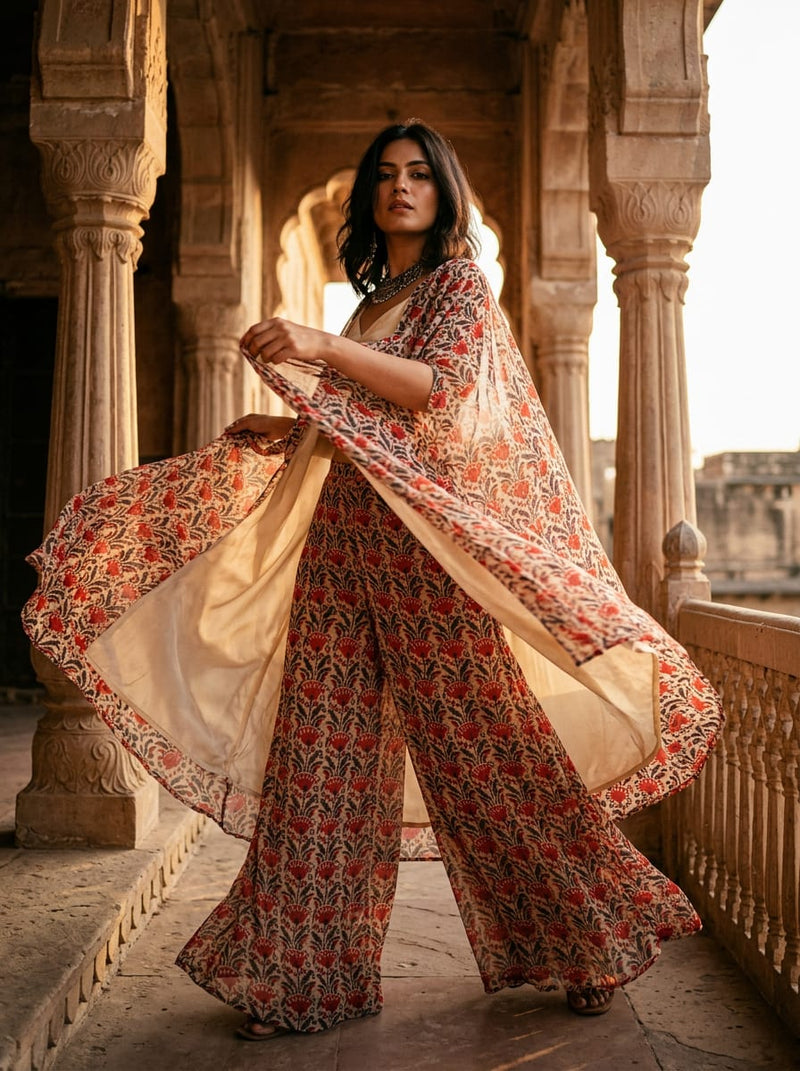Red Ethnic Block Print Style Floral Pure Georgette Digital Printed Fabric