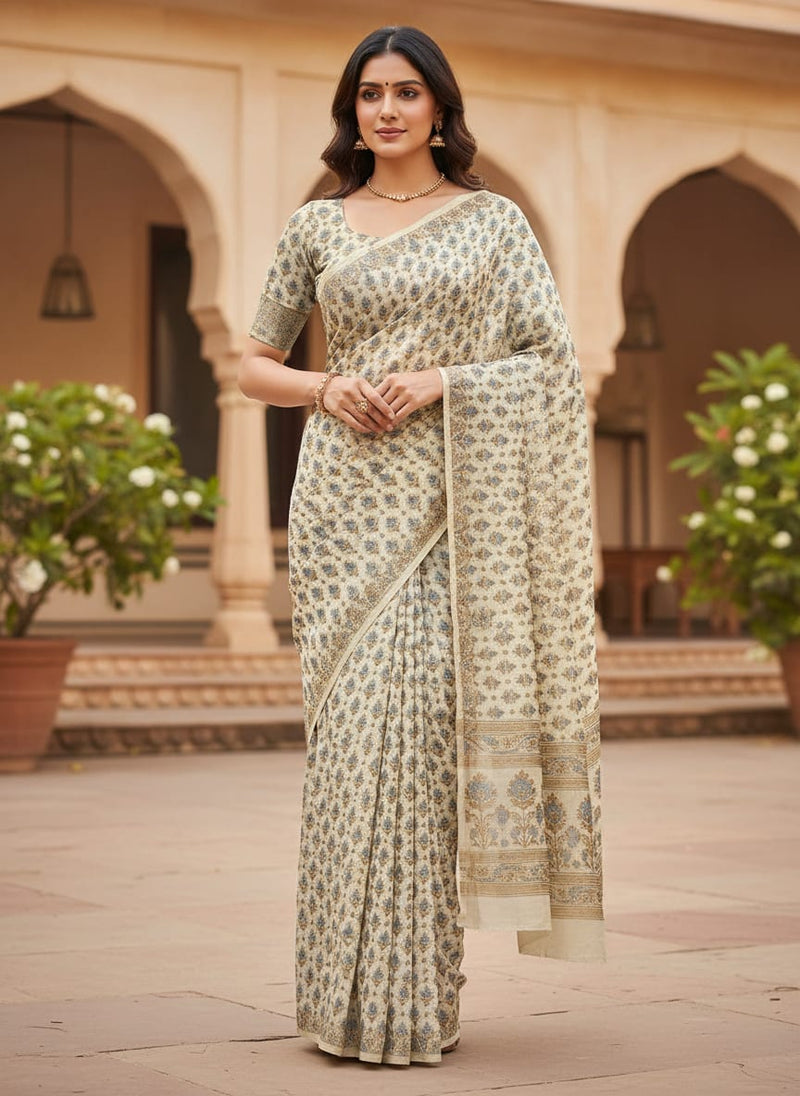 Golden Leaves With Decorative Pattern Digital Printed Fabric - Kora Silk