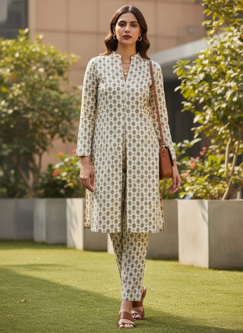 Cream Small Ethnic Floral Buti Kora Silk Digital Printed Fabric