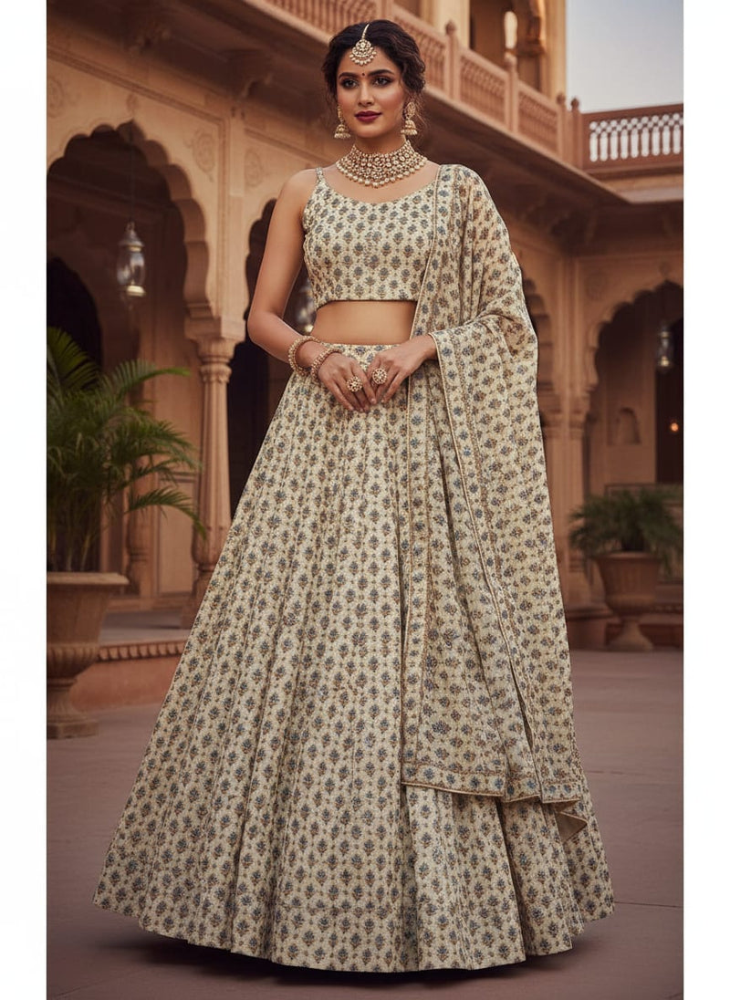 Golden Leaves With Decorative Pattern Digital Printed Fabric - Kora Silk