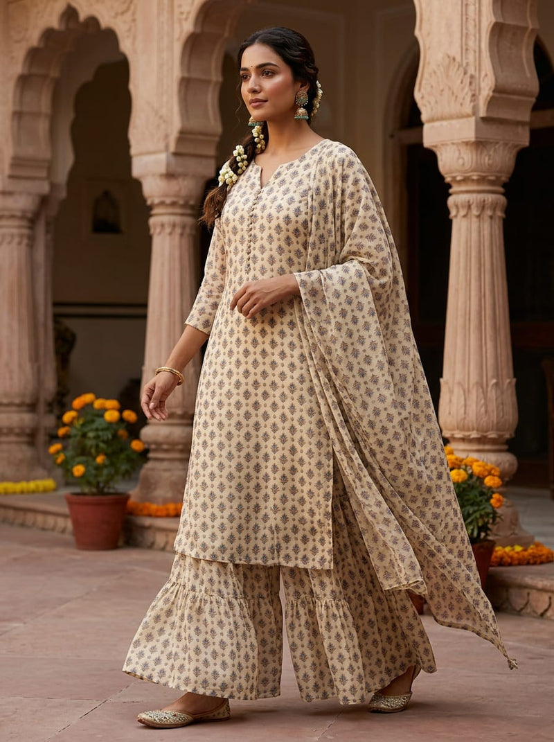 Cream Small Ethnic Floral Buti Weightless Digital Printed Fabric