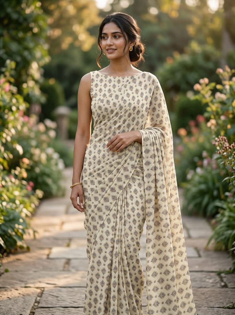 Cream Small Ethnic Floral Buti Weightless Digital Printed Fabric