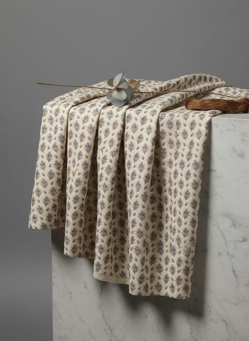 Golden Leaves With Decorative Pattern Digital Printed Fabric - Rayon