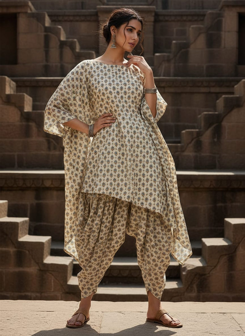 Cream Small Ethnic Floral Buti Rayon Digital Printed Fabric