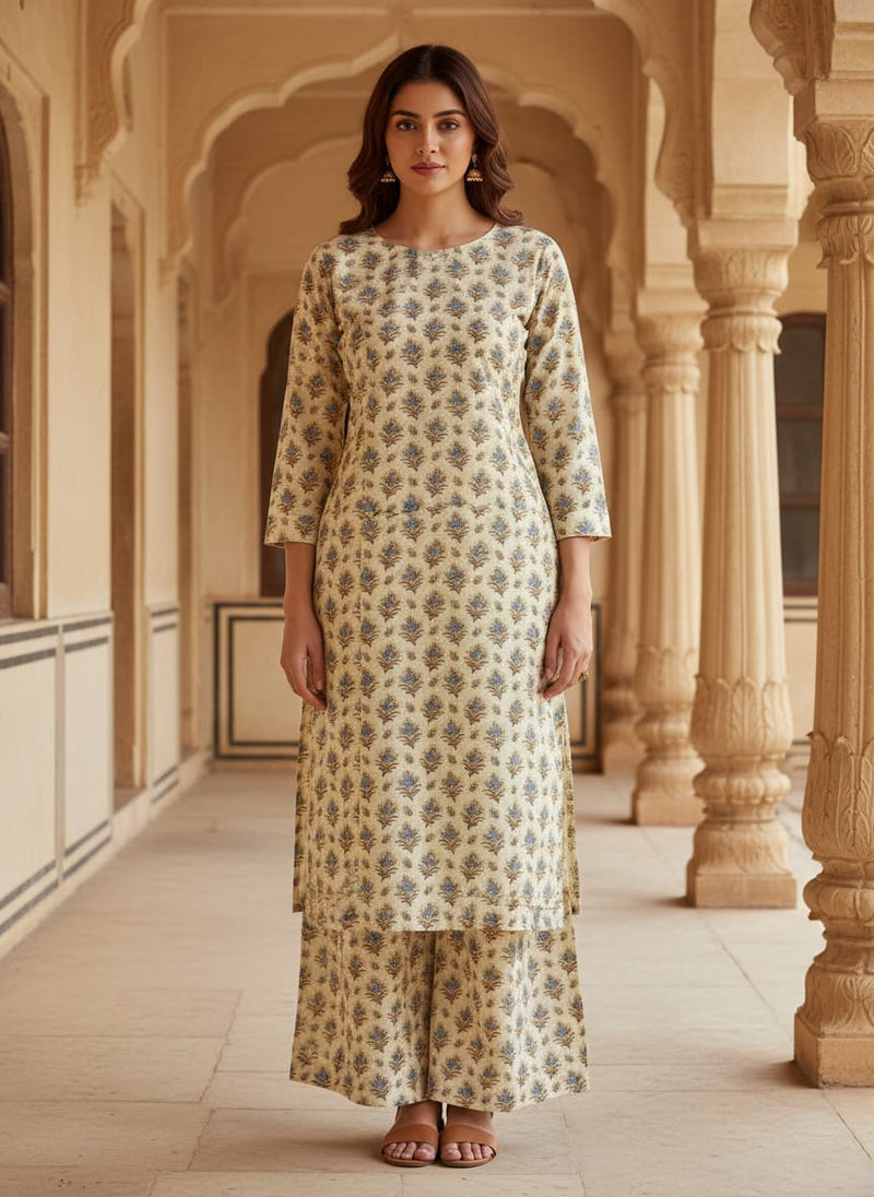 Golden Leaves With Decorative Pattern Digital Printed Fabric - Cotton