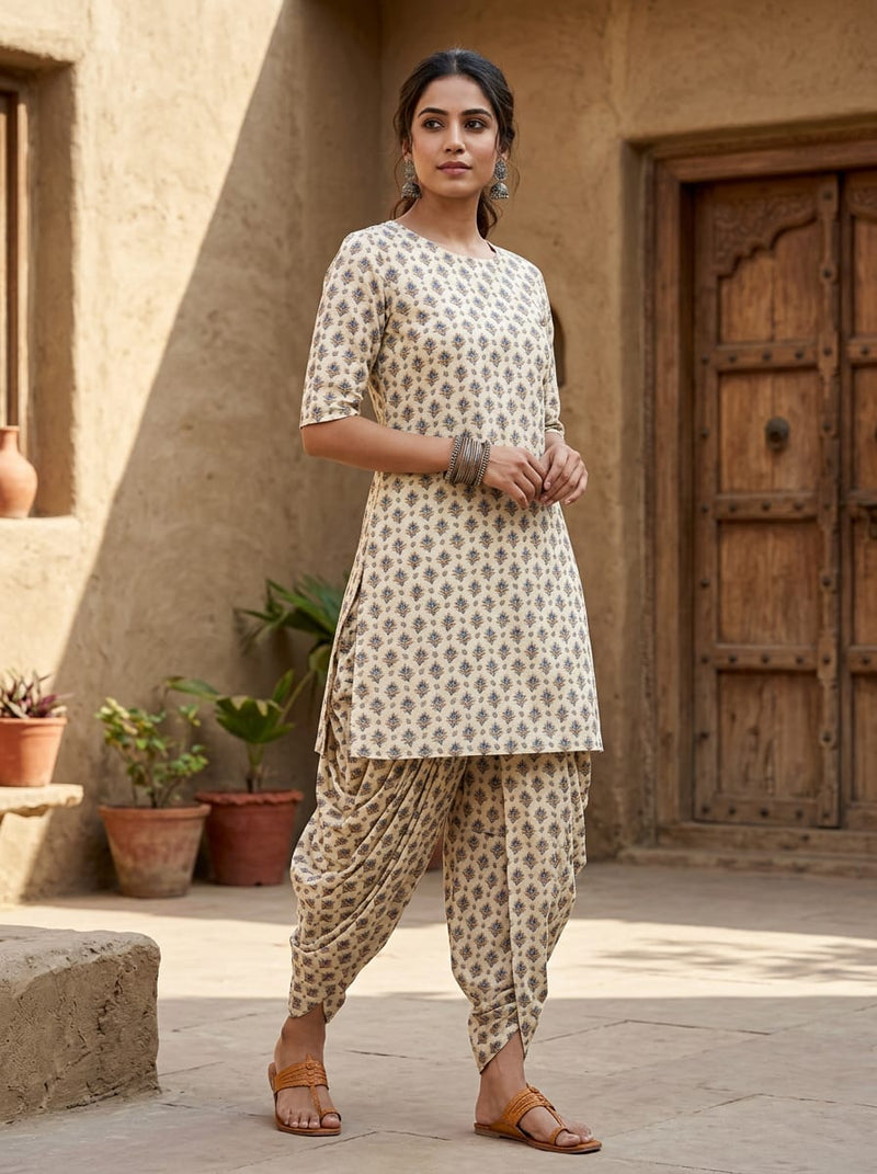 Cream Small Ethnic Floral Buti Pure Cotton Digital Printed Fabric