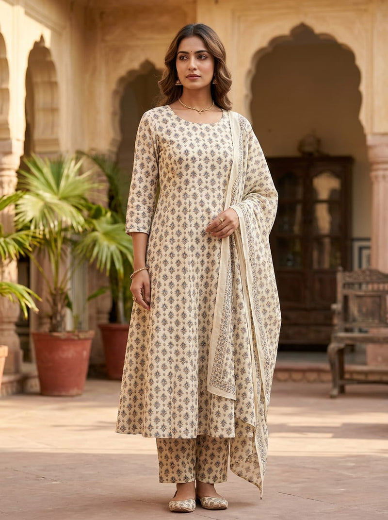 Cream Small Ethnic Floral Buti Pure Cotton Digital Printed Fabric