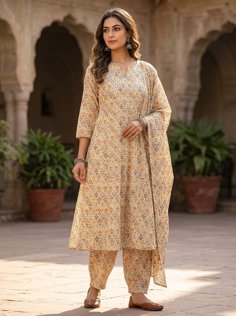 Multicolor Ethnic Floral Jaal Pure Cotton Digital Printed Fabric