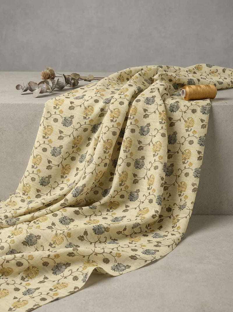 Cream Dainty Floral Vine Print Weightless Digital Printed Fabric