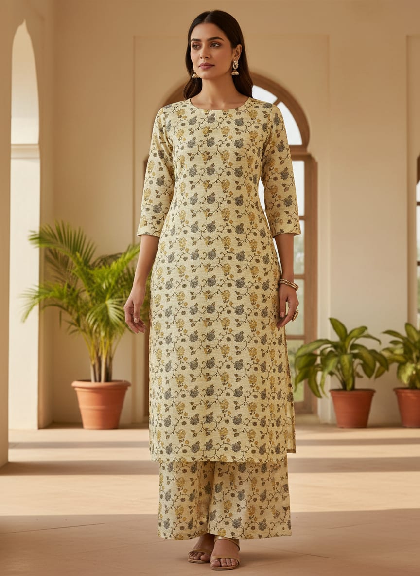 Lovely Chrysanthemum Golden With Hemlock Flower Digital Printed Fabric - Cotton