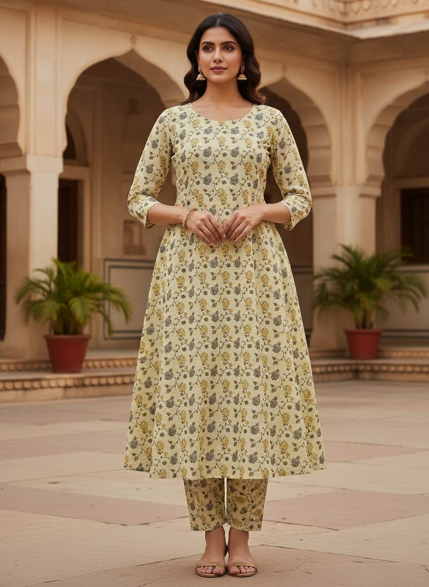 Lovely Chrysanthemum Golden With Hemlock Flower Digital Printed Fabric - Cotton