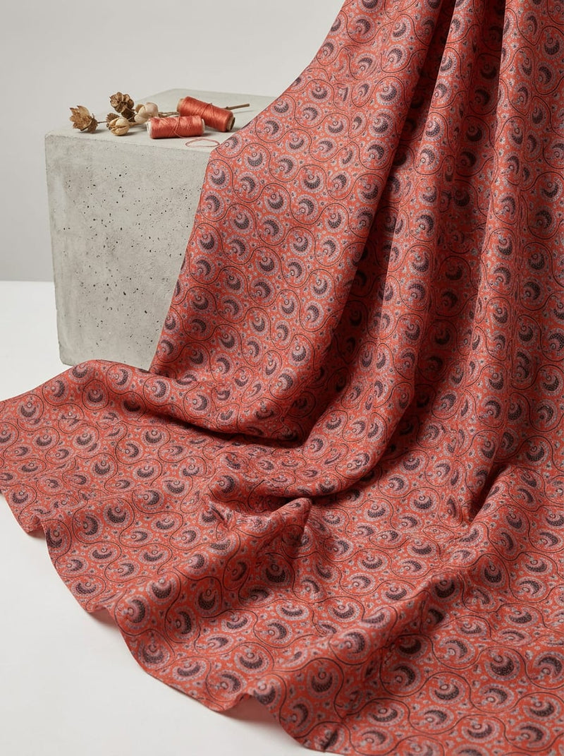 Red Ethnic Paisley Swirl Tusser Silk Digital Printed Fabric