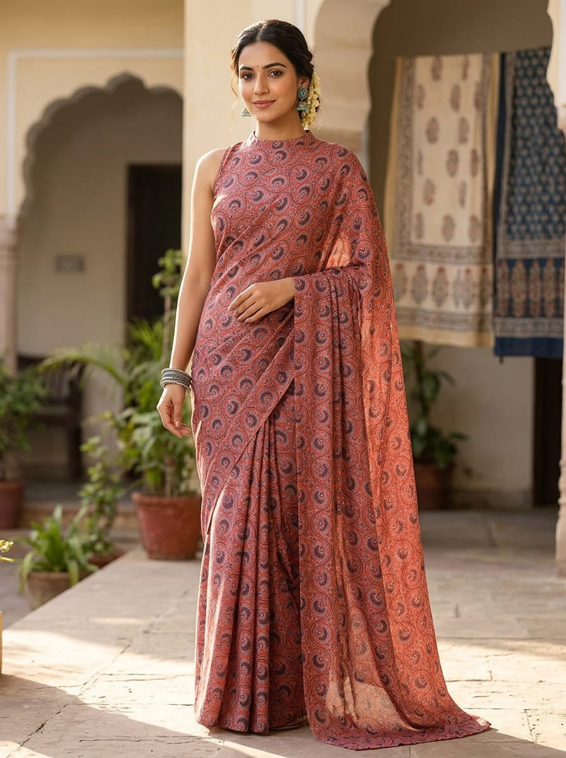 Orange Ethnic Paisley Swirl Rayon Digital Printed Fabric
