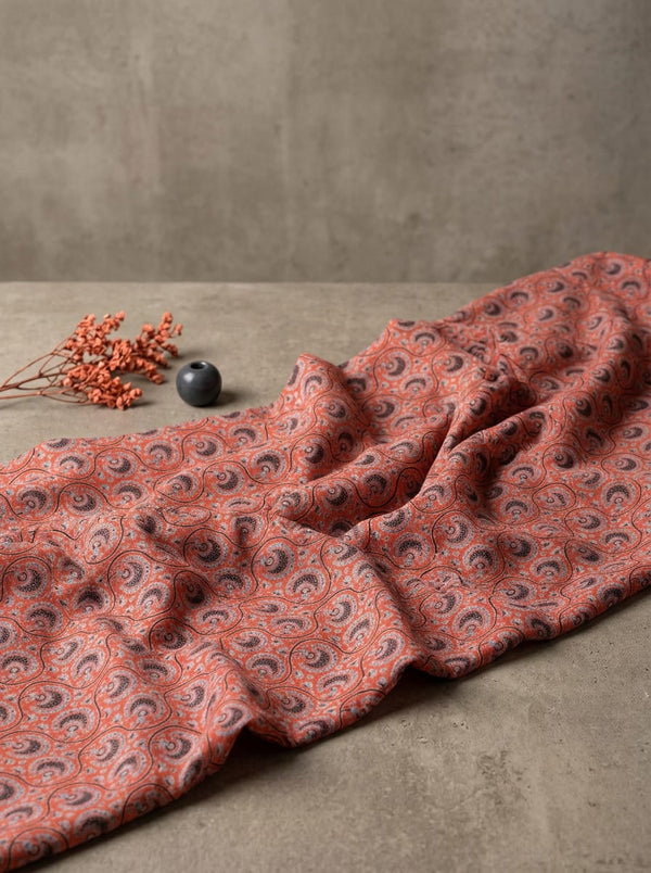 Orange Ethnic Paisley Swirl Rayon Digital Printed Fabric - Fabric Editorial Studio Flatlay Lookbook - RA-0-MA0284-110
