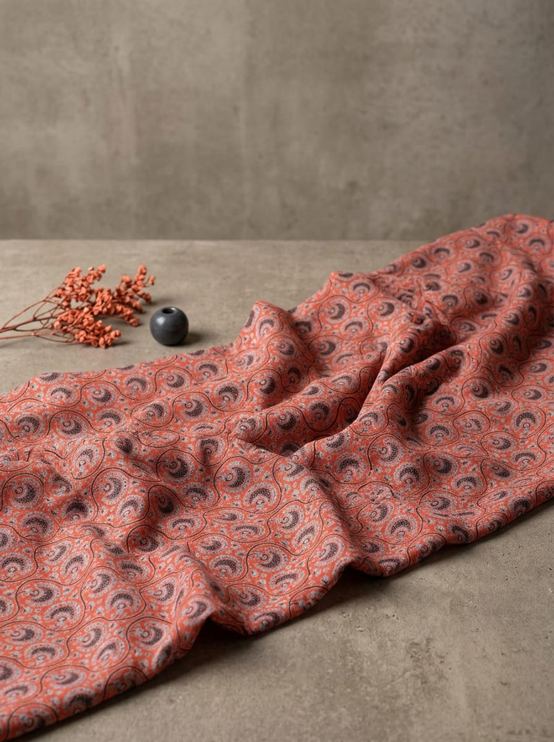 Orange Ethnic Paisley Swirl Rayon Digital Printed Fabric