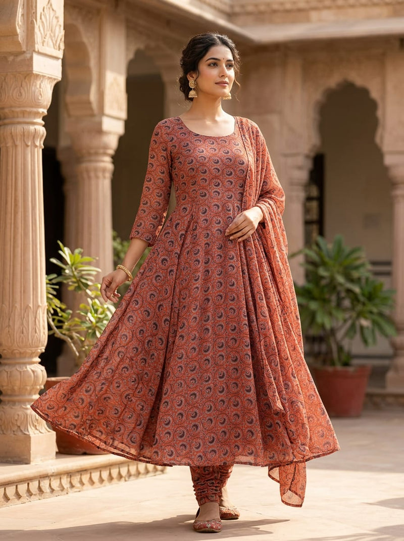 Orange Ethnic Paisley Block Print Pure Georgette Digital Printed Fabric