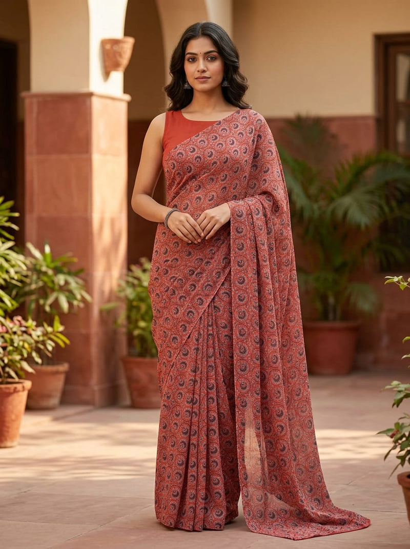 Orange Ethnic Paisley Block Print Pure Georgette Digital Printed Fabric