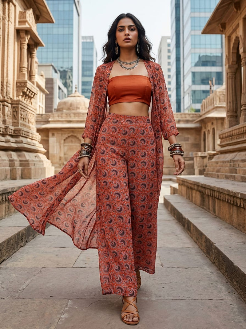 Orange Ethnic Paisley Block Print Pure Georgette Digital Printed Fabric