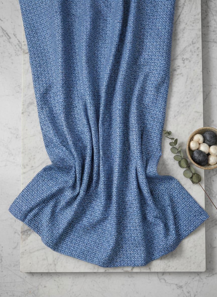 Blue Geometric Key Maze Pattern Rayon Digital Printed Fabric