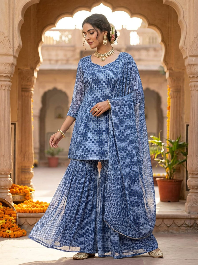 Blue Geometric Interlocking Key Pattern Pure Georgette Digital Printed Fabric