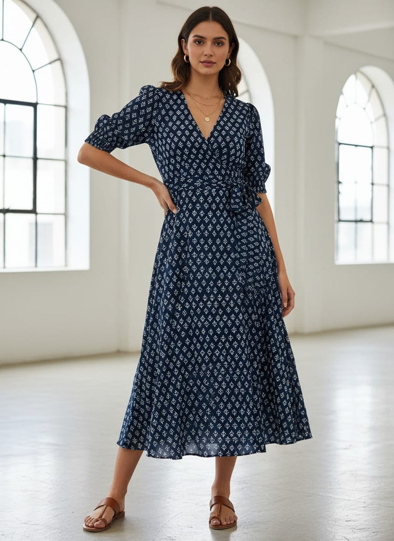 Navy Ethnic Botanical Print Weightless Digital Printed Fabric