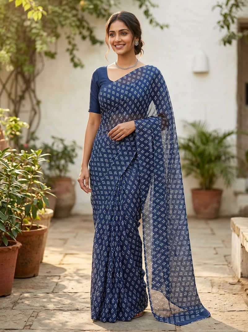 Navy Ethnic Botanical Print Weightless Digital Printed Fabric