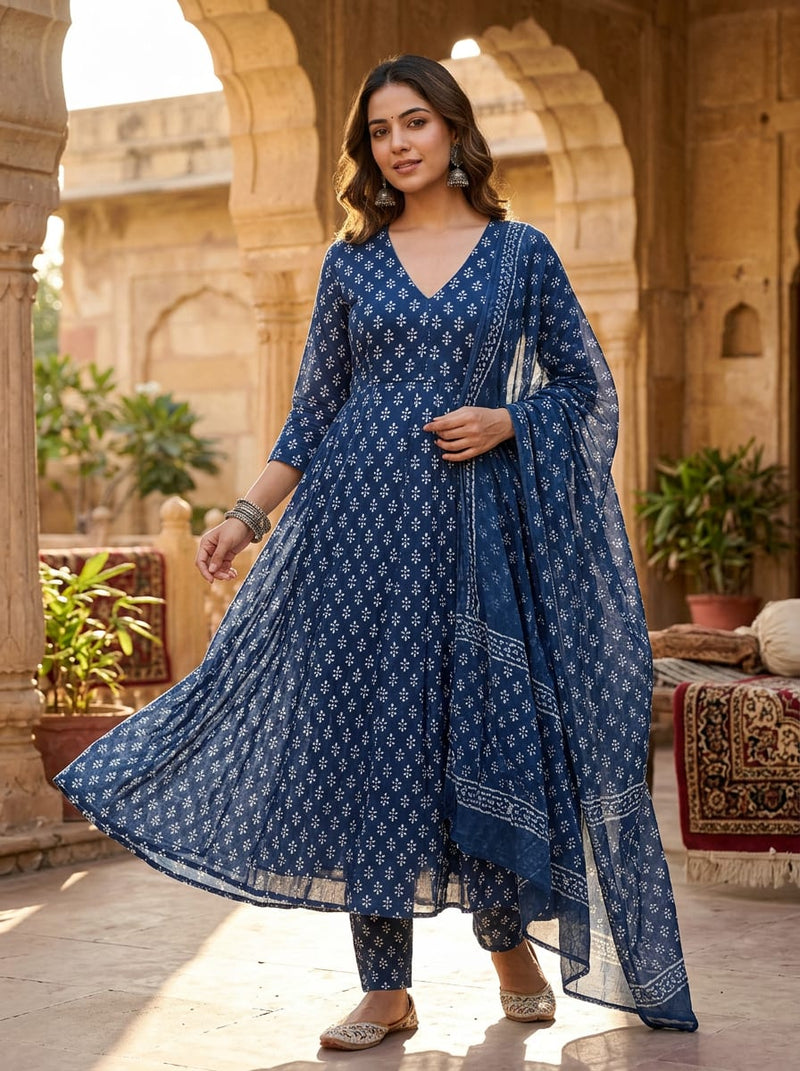 Navy Ethnic Botanical Print Weightless Digital Printed Fabric