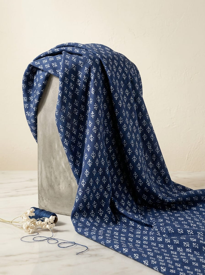 Navy Blue Small Ethnic Botanical Motif Rayon Digital Printed Fabric