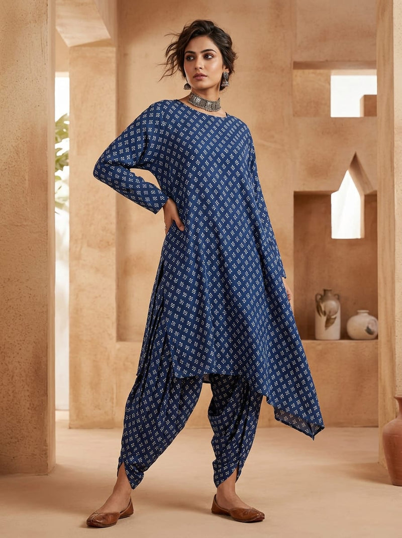 Navy Blue Small Ethnic Botanical Motif Rayon Digital Printed Fabric