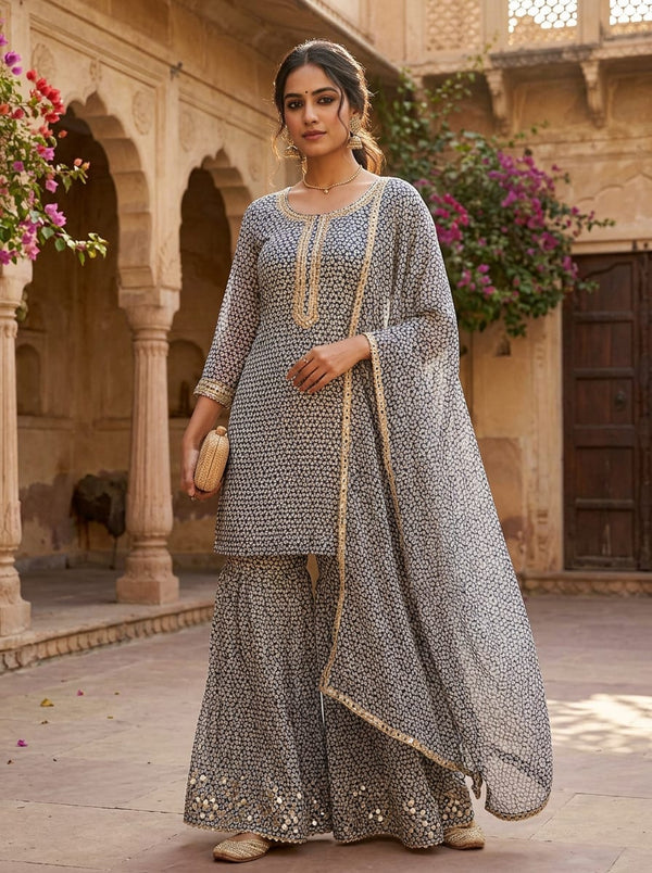 Navy Tie-Dye Geometric Triangle Pure Georgette Digital Printed Fabric - Sharara Set Lookbook - PG-0-MA0932-110 - alternate view