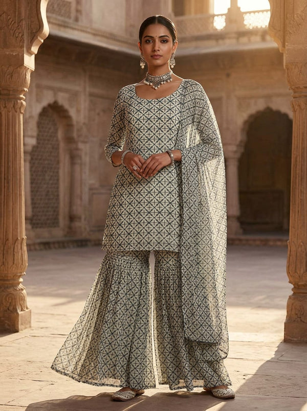 Cream Geometric Tie-Dye Cross Pattern Pure Georgette Digital Printed Fabric - Gharara Set Lookbook - PG-0-MA0995-110 - alternate view