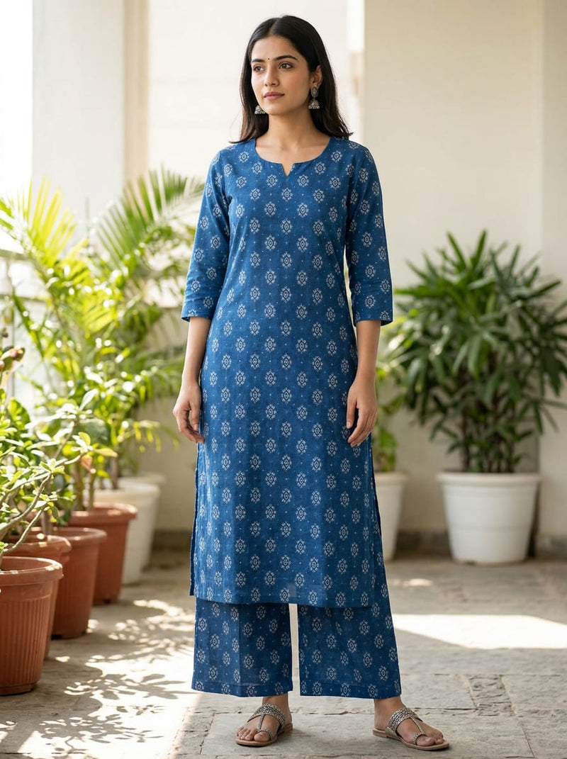 Blue Small Ethnic Medallion Motif Pure Cotton Digital Printed Fabric