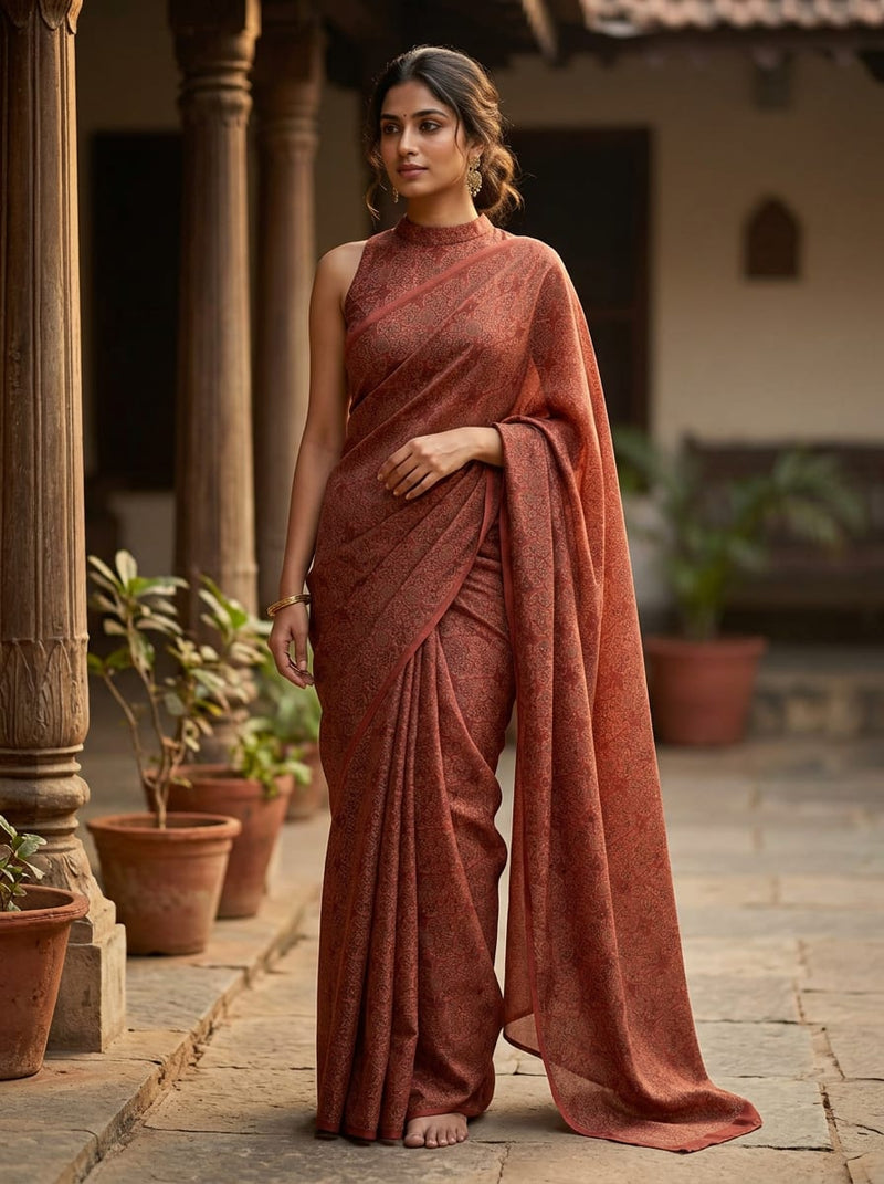 Maroon Intricate Ethnic Paisley Pattern Kora Silk Digital Printed Fabric