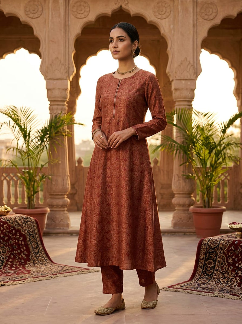 Maroon Intricate Ethnic Paisley Pattern Kora Silk Digital Printed Fabric