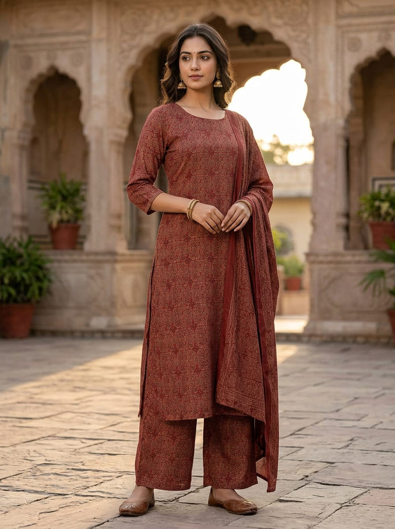 Maroon Intricate Ethnic Damask Rayon Digital Printed Fabric