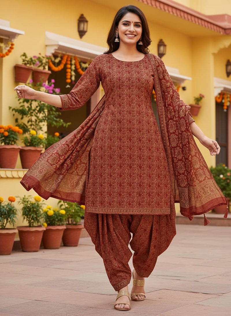 Maroon Small Ethnic Damask Pure Cotton Digital Printed Fabric