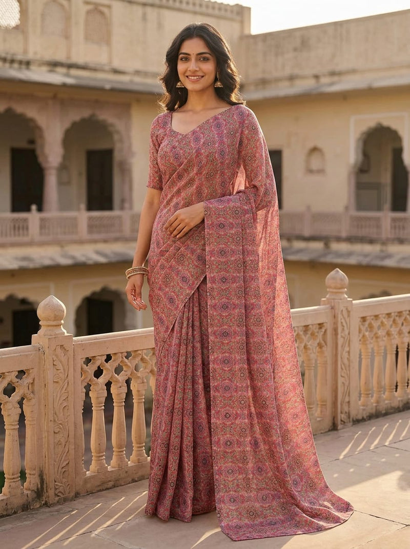 Pink Intricate Ethnic Damask Weightless Digital Printed Fabric
