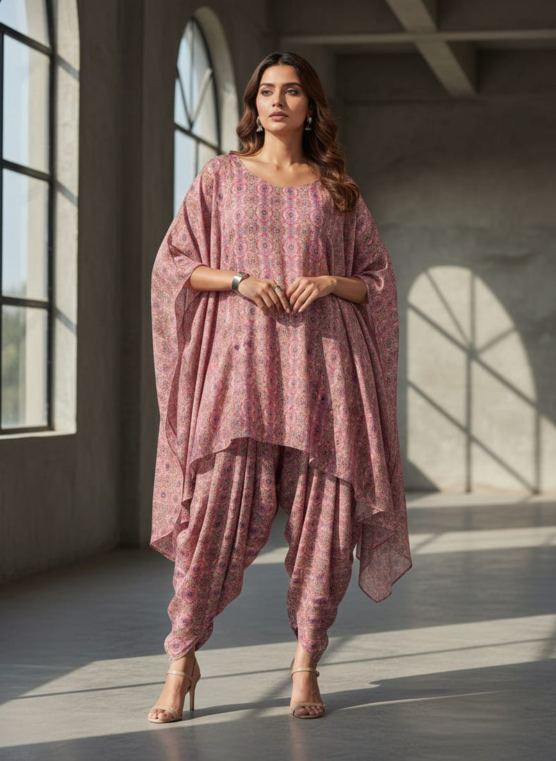Pink Intricate Ethnic Medallion Pattern Rayon Digital Printed Fabric