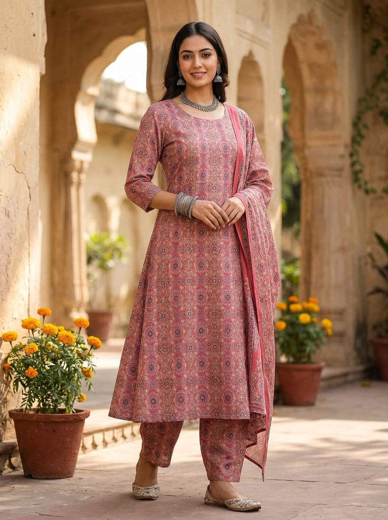 Pink Intricate Ethnic Damask Pure Cotton Digital Printed Fabric