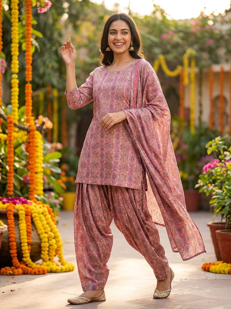 Pink Intricate Ethnic Damask Pure Cotton Digital Printed Fabric