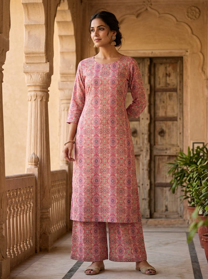 Pink Intricate Ethnic Damask Pure Cotton Digital Printed Fabric