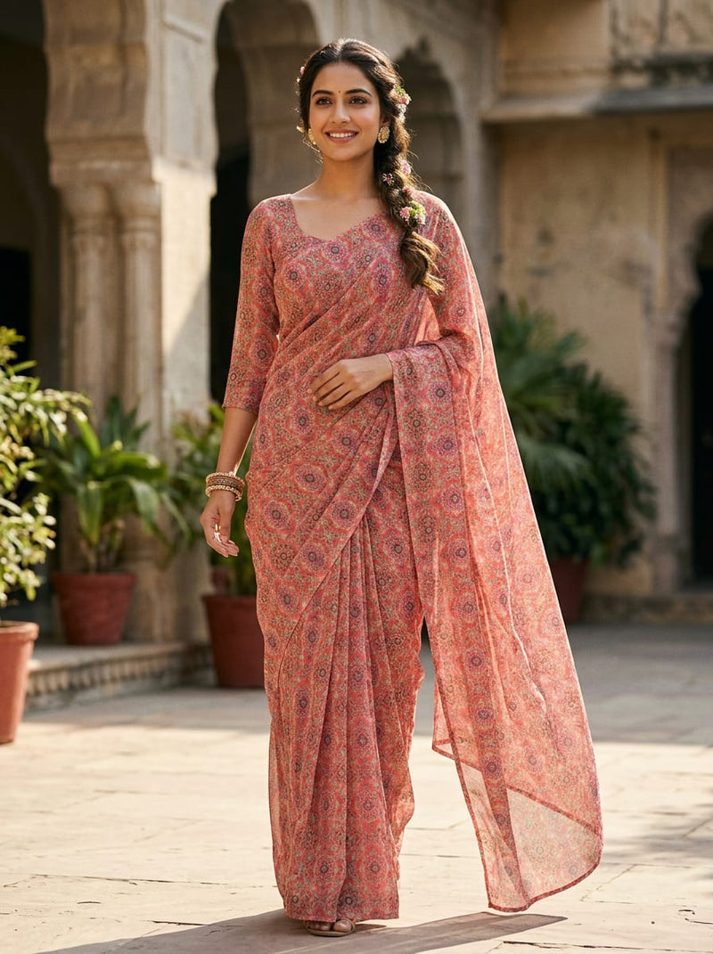 Pink Ethnic Damask Pattern Pure Georgette Digital Printed Fabric