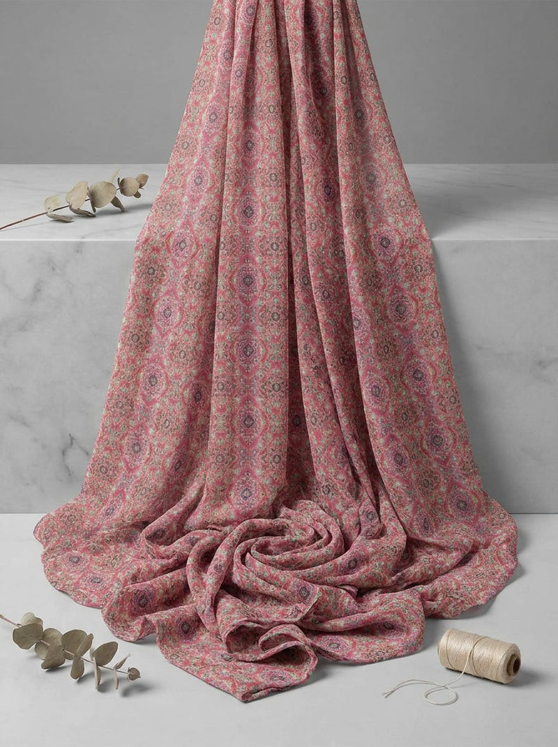 Pink Ethnic Damask Pattern Pure Georgette Digital Printed Fabric